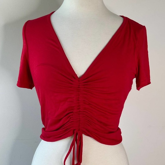 Red V Neck Crop Top | Size M  Red Lace Up Top - Picture 3 of 8